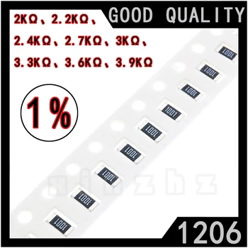 100VNT SMD 1206 Chip Rezistorius 1% Aukšto Tikslumo Chip Ilgalaikio Atsparumo 2KΩ、2.2 KΩ、 2.4 KΩ、2.7 KΩ、3KΩ、 3.3 KΩ、3.6 KΩ、3.9 K omų 0.25 W