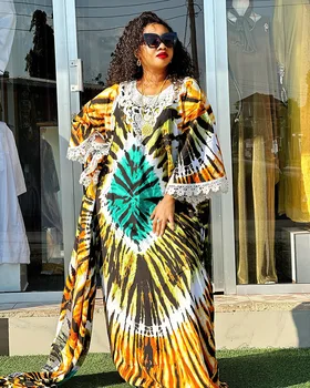 2023 Spausdinti Afrikos Maxi Suknelė Moterims su Headtie Elegantiška Panele Šalis Suknelė Plius Dydis Ankara Dashiki Drabužius Musulmonų Kaftan Skraiste