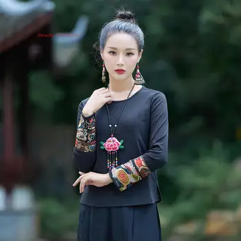 2024 m. kinijos moterims tradicinių t-shirt nacionalinės gėlių siuvinėjimas o-kaklo marškinėliai retro vintage bazės marškinėliai pagerėjo hanfu viršūnės