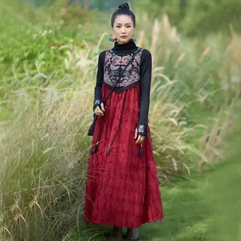 2024 m. kinijos tradicinės suknelė vintage žakardo berankovis suknelė nacionalinės gėlių siuvinėjimas patobulinta suknelė-line ilga suknelė