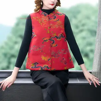 2024 m. nacionalinės derliaus gilet gėlių spausdinti tirštėti vest kinijos tang kostiumas, liemenė tradicinė derliaus laukinių liemenė etninės liemenė