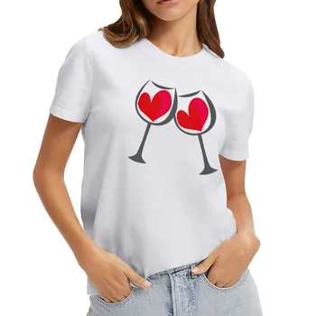 2024 Naujas Moterų Trumpas Rankovėmis T-Shirt Apvalus Kaklas Raudonas Vynas Stiklo Spausdinti Meilės Modelis Viršūnes Atsitiktinis Paprastas Kietas Tendencija Drabužiai