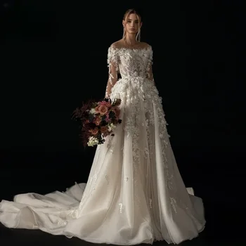 Aedmgh-Line Elegantiškas Vestuvių Suknelės 2023 Valtis Kaklo, Ilgomis Rankovėmis Vestido De Novia Nėrinių Appliques Gėlės Romantiška Skraiste De Mariee