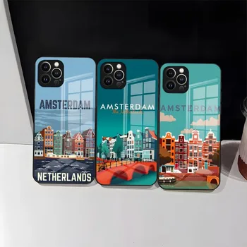 Amsterdamas Miesto Plakatas Telefono dėklas Skirtas IPhone 14 Pro Max 15 12 11 13 X Mini XR XS 8 7 6 Plus SE Grūdinto Stiklo Atgal Padengti