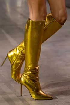 Aukso Flash Blizga Oda Pažymėjo Tne Kelio ilgi Batai Užsakymą Stiletto Kulno Siuvimo Pusėje Zip Podiumo Atsitiktinis Moterų Batai