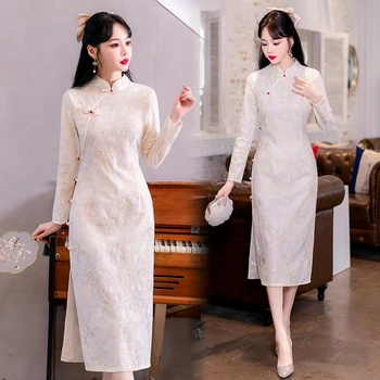 Aukštos klasės Kinijos Tradicinės Cheongsam Geros Kokybės Elegantiškas ir Gana Moterų Pagerėjo ilgomis Rankovėmis Qipao Suknelė Šiuolaikinių Drabužių