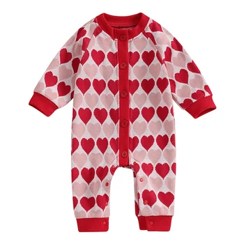 Baby Girl Valentino Diena Romper Atsitiktinis ilgomis Rankovėmis Mygtuką Širdies Spausdinti Jumpsuit Megztinis Bodysuit