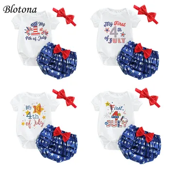 Blotona Baby Girl Nepriklausomybės Diena Komplektus, trumpomis Rankovėmis Laiškas Spausdinti Romper +Star Modelis Raukiniai Šortai +Lankelis, 0-24Months