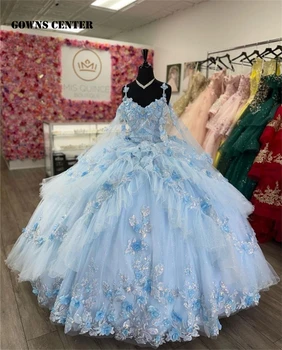 BlueRuffels 3D Gėlės Spageti Kamuolys Suknelė Quinceanera Suknelės nuo Peties Nėrinių Korsetas Saldus 15 16 Vestidos De 15 Años