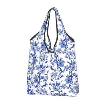 Chinoiserie Paukščiai Ant Šakų Stilizuotų Gėlių Pirkinių Krepšys Moterims Nešiojamų Didelės Talpos Bakalėja Delft Blue Shopper Totalizator Krepšiai