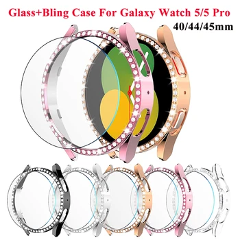 Deimantų Atveju+Stiklas Samsung Galaxy Žiūrėti 5 Pro 45mm Bling PC Bamperio Dangtelis Screen Protector Galaxy Žiūrėti 5 40mm 44mm