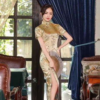 Elegantiška Panele brokatas Satino Qipao Seksualus Slim Padalinta Ilgai Cheongsam Tradicinės Kinų Vakare Šalis Suknelė Plus Size Vestidos 4XL
