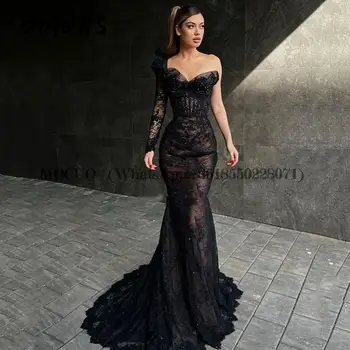 Elegantiškas Ilgas Juodas Undinė Promenadzie Suknelė, Viena Rankovės Brangioji, Nėriniai, Vakaro Suknelės, Šaliai Baigimo Suknelės Vestido De Noche