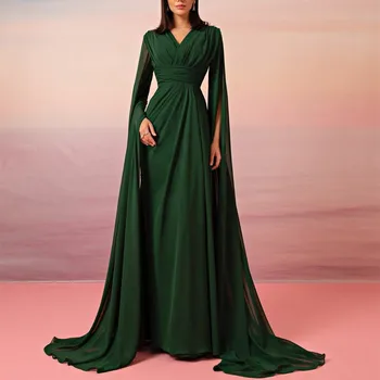 Elegantiškas Ilgas Žalia V-Kaklo, Vakaro Suknelės Su Žaliojo Apvalkalo Plisuotos فساتين سهرة Valyti Traukinių Keltas Suknelės Moterims