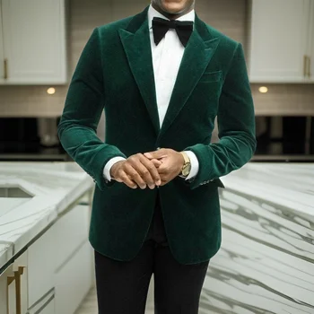 Green Velvet Kostiumai Vyrams Jaunikis Vestuvių Smokingas Slim Fit italų Stiliaus Švarkas Custom Dviejų dalių 2024 M. (Striukė + Kelnės)
