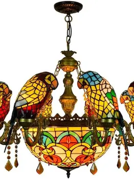 handelier vitražas Tiffany Stiliaus Lempos Kabo Lempa Dome Pavėsyje, Pakabos 8 Papūga Classic Vintage Design Patalpų