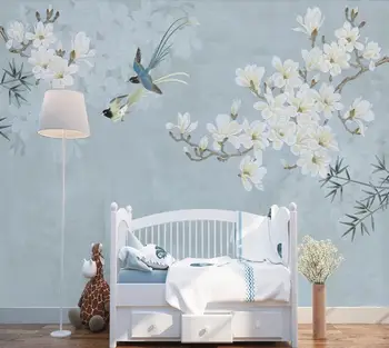 Individualizuotos Fono paveikslėlį nuotrauka Kinijos magnolija gėlių ir paukščių filialas fone Freskos namų puošybai 3d tapetai, Dekoratyvinis dažymas