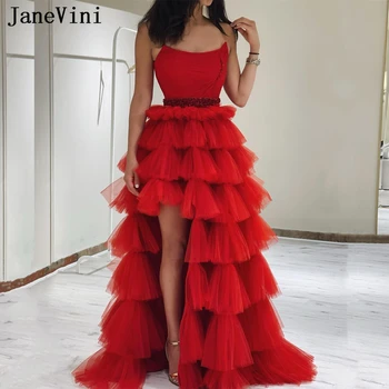 JaneVini Raudona Prom Dresses Moteris Zawalcowany Pakopinis Sijonas Tiulio Seksualus Plyšio Stebėjimo Prabanga Dubajus vakarinę Suknelę Vestidos Casuales