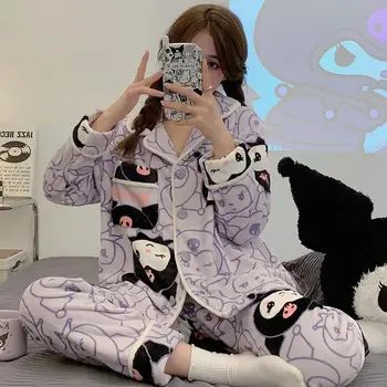 Kawaii Sanrio Anime Hobis Mano Melodija Kuromi Hello Kitty Žiemos Animacinių Filmų Mergina Flanelė Sutirštės Cardigan Pajama Nustatyti Namų Drabužiai