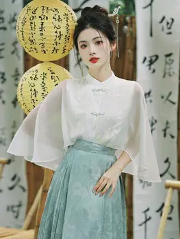 Kinijos Hanfu Tradicinę Suknelę, Trumpas Sijonas Kostiumas Poros Viršų Vasaros Trumpas Rankovėmis Balta Naujas Kinijos Moterų Marškinėliai Kieto Spalvų