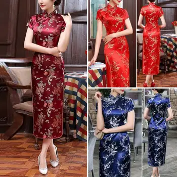 Kinijos Moterys Qipao Elegantiškas Kinijos Nacionalinio Stiliaus Gėlių Siuvinėjimas Cheongsam Suknelė su Stovėti Apykaklės Pusėje Padalinta Vasarą