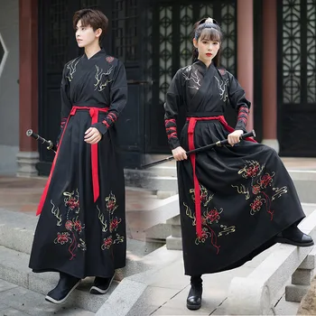 Kinų Stiliaus Pavasario ir Vasaros Naujų Moterų Hanfu vyriški Nustatyti Senovės Juoda Siuvinėjimas Trijų dalių Senovės Stiliaus Didelis Rankovėmis Chalatas,