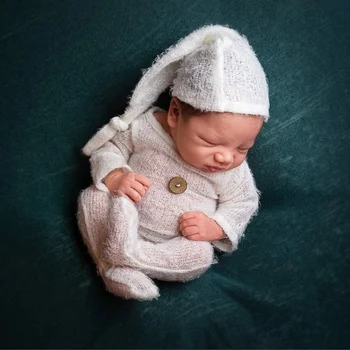 Kūdikių Fotografija Rekvizitai Naujagimiui Mergina Aprangą Nuotrauką Nėrimo Berniuko Drabužių Mazgas Skrybėlę ir Footie Romper