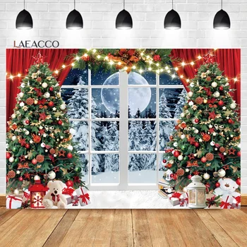 Laeacco Kalėdų Langą Fotografijos Foną, Žiemos Stebuklų Sniego Medis Žvaigždėtą Dangų Mėnulio Vaikai Šeimos Portretas Fone