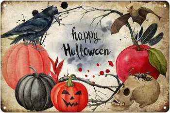 Laimingas Halloween Baisu Alavo Pasirašyti 12x8 Cm Featuring Šikšnosparniai, Paukščiai, Moliūgai ir Kaukoles Unikalus Helovinas Sienos Meno Idealiai tinka Duris