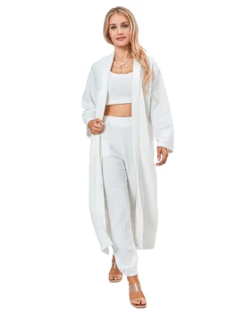 Louatui Moterų Pliušinis Pižama Rinkinys, 3 Vnt Loungewear Kostiumai Vientisos Spalvos Ilgomis Rankovėmis Megztinis Tankų Kelnes Sleepwears