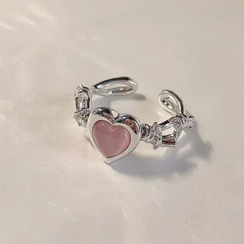 Mados Širdies Žiedas Cat Eye Kristalų Rožinė Širdis Reguliuojamas Moterų Dizaino Y2K Premium Žiedai Vestuvės Juvelyrika Dovana
