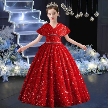 Mergaičių suknelė 5-14 metų vaikų pearl gabalas lotus lapų rankovės princesė dress karnavalas high-end priimančiosios veikimo kostiumas