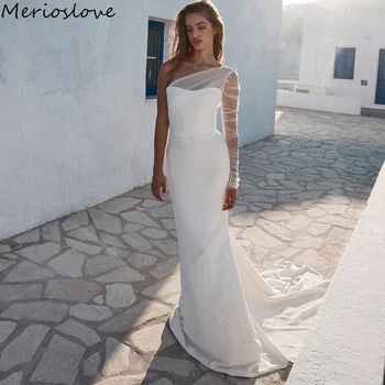Merioslove Paprasta Krepo Undinė Vestuvių Suknelės Vienos Pečių Paplūdimio Nuotakos Suknelė Minimalistinio Vestuvinės Suknelės 2024