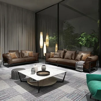 Minimalistinio odos sofa su karvės odos viršutinis sluoksnis, postmodernaus minimalistinio ir prabangus gyvenamasis kambarys namo