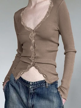 Moterys ilgomis Rankovėmis Megzti Marškinėliai Nėrinių Kratinys Pagrindinio Viršūnes Atsitiktinis Mygtuką, susagstomi megztiniai Rudenį Streetwear Estetinės Drabužiai