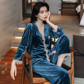 Moterų Pižama Nustatyti 2023 Naujų Aukso Aksomo Pyjama naktiniai drabužiai moterims Rudens Žiemos ilgomis Rankovėmis Megztinis Nėrinių V Kaklo Sleepwear