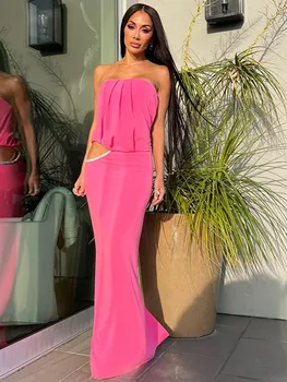 Moterų, Prabangos Hot Pink Tvarstis Šalis Suknelė Vasaros Stebėjimo Iškirpti Deimantų Maxi Ilgas Gimtadienio Vakarą Įžymybių Prom Chalatai