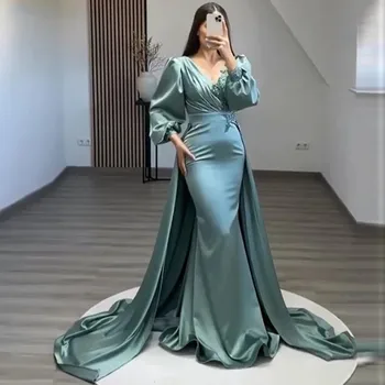 Mėlyna Satino V-Kaklo Undinė Vakaro Suknelės Sluoksniuotos Ilgomis Rankovėmis Oficialią Šalies Chalatai Dubajus Arabų Porm Suknelė 2023 Vestidos De Skausmas