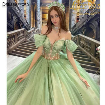 Mėtos žalumo Quinceanera Suknelės Rožinė 3D Gėlės, Gėlių Appliques Nėrinių Kamuolys Suknelė nuo Peties Korsetas, Vestidos De XV Anos