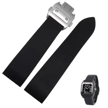 Naujas Gumos Vandeniui Watchband už Cartier Santos 100 W2020007 Silikono Dirželis Sidabro Aukso Lankstymo Sagtimi Juodos spalvos Apyrankė 25mm