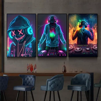 Neon Dizaino Muzika Cool DJ Ausinių Plakatas Drobės Abstrakčios Tapybos Sienos Meno Modernus Baras, Klubas Kambaryje Namų Dekoro Cuadros Ne LED
