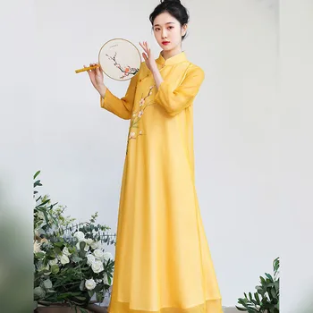 Pagerėjo Cheongsam 2023 Moterų Vasaros High-end Ilgą Šifono Suknelę Qipao ilgomis Rankovėmis Plius Dydis Tradicinės Kinų Stiliaus Hanfu