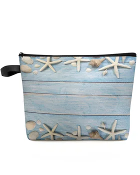 Paplūdimio Žvaigždė Mėlyna Mediniai Tekstūros Didelės Talpos Kelionės Kosmetikos Krepšys Nešiojamų Makiažas Saugojimo Dėklas Moterų Vandeniui Pieštukas Atveju