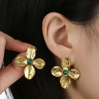 Pasisekė Malachito Keturių lapų Dobilų Stud EarringsWomen Nerūdijančio Plieno, 18K Aukso Spalvos Natūralaus Akmens Auskarai Patry Jewelr