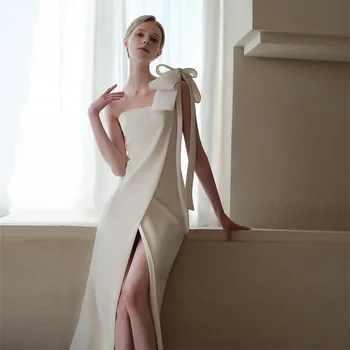 Prancūzų Stilius Paprastas Vestuvių Suknelė Balta Satino Spageti Dirželis Lankas Nuotakos Suknelės Temperamentas Backless-Line Ilgai Oficialų Suknelė