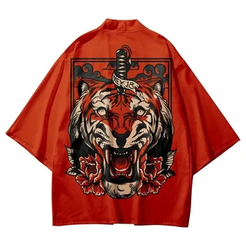 Raudona Tigro Kardas Spausdinti Marškinėliai Kailis Tradicinių Kimono Vyrai Moterys Yukata Japonų Stiliaus Megztinis Cosplay Haori Drabužiai Plius Dydis