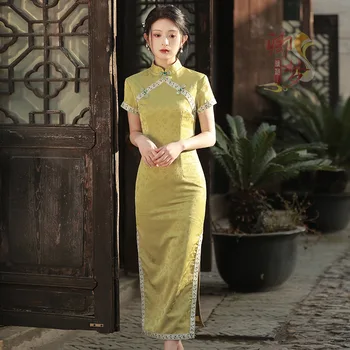 Retro Stiliaus Kinijos Elegantiškas Kostiumas Vasaros moteriškų Drabužių Žalia Cheongsam Šiuolaikinės Ilgas Aukštas Padalintas Qipao