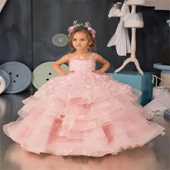 Rožinė Reljefiniai Rankovių Gėlių Mergaitės Suknelė Graži Princesė Suknelė Pirmoji Komunija Vaikas Aplikacijomis Drugelis Vestuves Gimtadienis