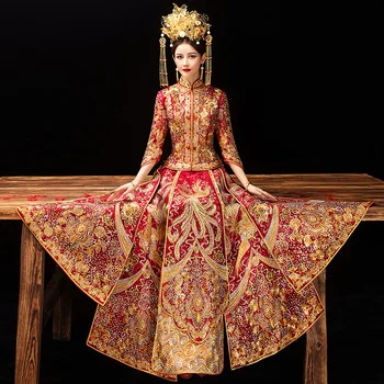 Rytietiškas Gėlių Siuvinėjimas Modelis Rodo, Drabužiai, Nuotaka, Vestuvinė Suknelė, Kinijos Aukštos Kokybės Vestuvių Kostiumas Phoenix Suknelė Skraiste