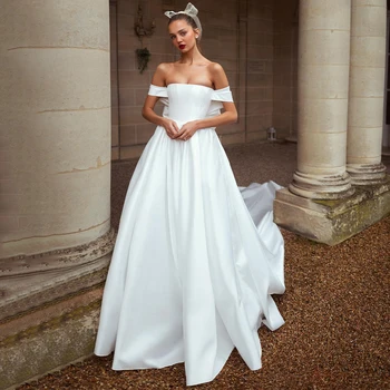 Satino Vestuvių Suknelės Baltos nuo Peties Linijos, Elegantiškas Moterų Vestuvių Suknelės Ilgai 2023 Lankas Paprastas Oficialų Nuotakos Suknelė